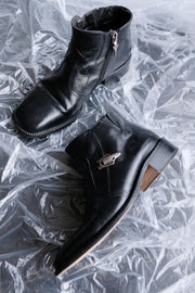 Black Leather Ankle Boots with Silver Snake